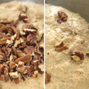 Folding in the toasted pecans.