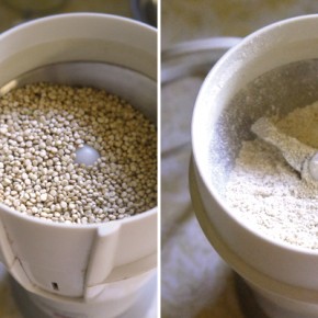 Grinding quinoa into quinoa flour.