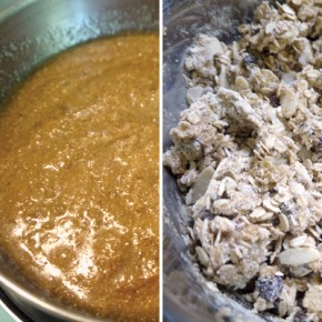 Heating the honey and almond butter, mixing them into the dry ingredients.