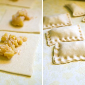 Assembling the pies.